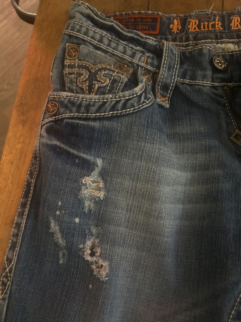 Men’s Blue Distressed ROCK REVIVAL Embroidered Pocket Jeans - Picture 4 of 13